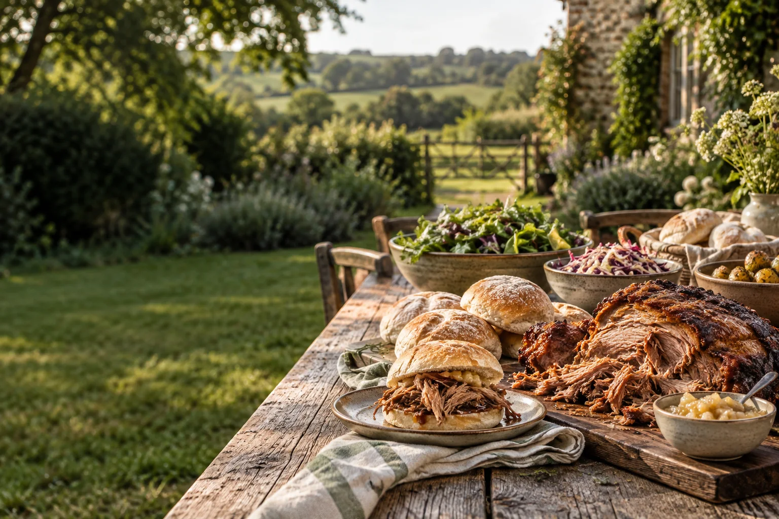 Roast pork rolls and salads laid out for a party