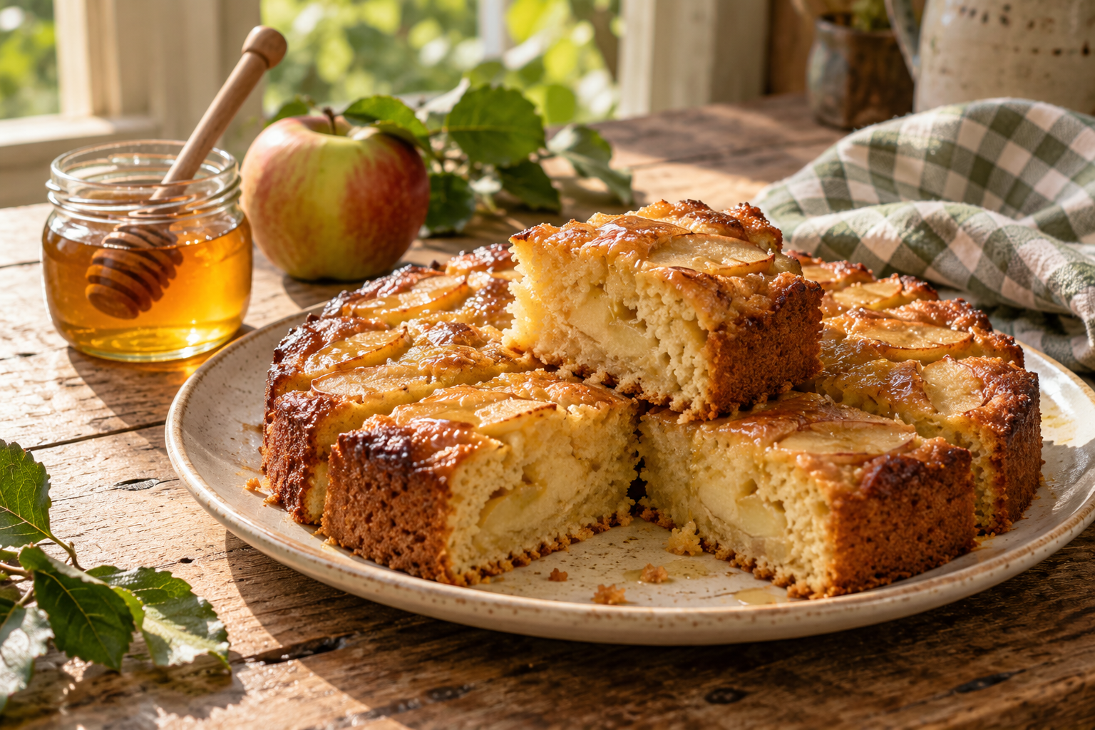Illustration of a homemade honey and apple cake with a jar of honey