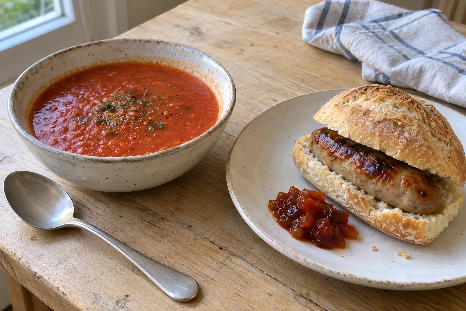 Serving suggestion of tomato soup and a sausage in a crusty roll