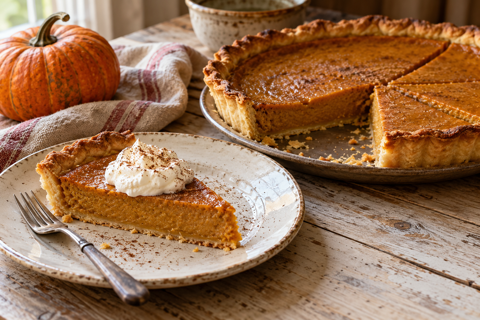 Illustration of a pumpkin tart with a slice on a plate and cream